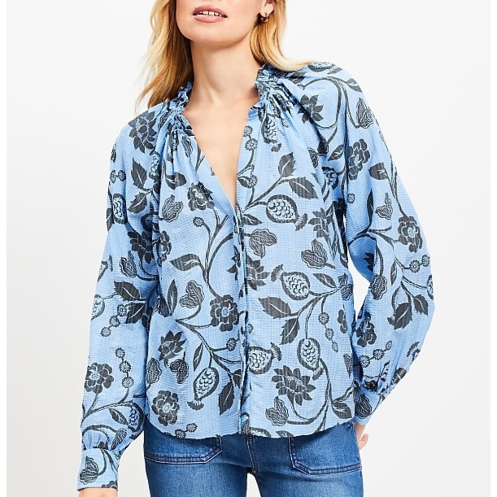 LOFT Garden Ruffle Neck Shirt Top NEW Dobby Button‎ Down Floral Blue XL